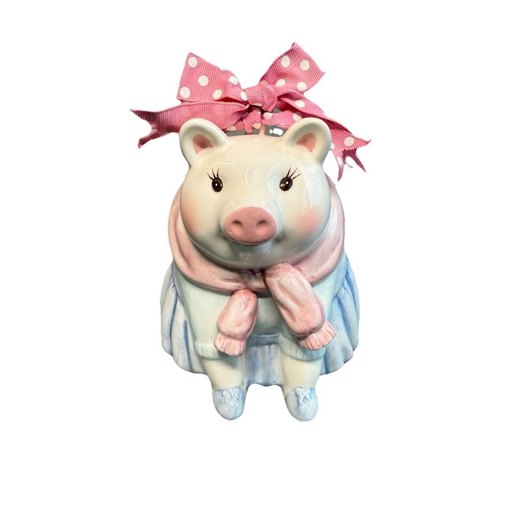 Vintage Mud Pie Be Classic Piggy‎ Bank Pig With Classy Scarf Bow Cute Blue Skirt